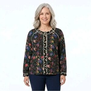 LOGO Lori Goldstein Floral Button Front Jacket Black Multi Color Crochet Trim L